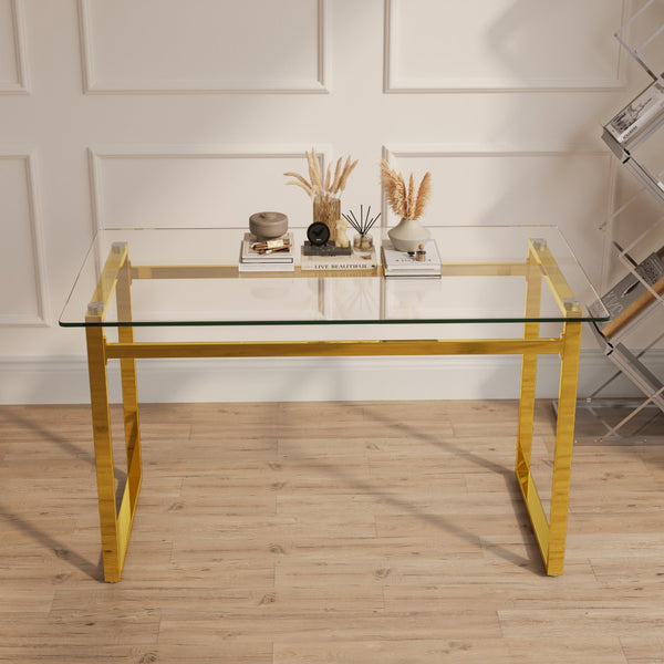 English Elm 51" Tempered Glass Rectangular Dining Table with Golden Chrome Legs Seats Six W3732P530037