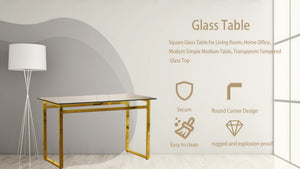 English Elm 51" Tempered Glass Rectangular Dining Table with Golden Chrome Legs Seats Six W3732P530037
