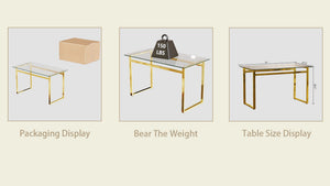 English Elm 51" Tempered Glass Rectangular Dining Table with Golden Chrome Legs Seats Six W3732P530037