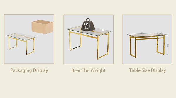 English Elm 51" Tempered Glass Rectangular Dining Table with Golden Chrome Legs Seats Six W3732P530037
