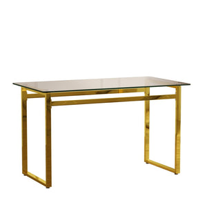 English Elm 51" Tempered Glass Rectangular Dining Table with Golden Chrome Legs Seats Six W3732P530037