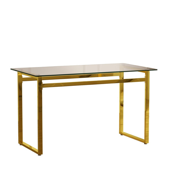 English Elm 51" Tempered Glass Rectangular Dining Table with Golden Chrome Legs Seats Six W3732P530037