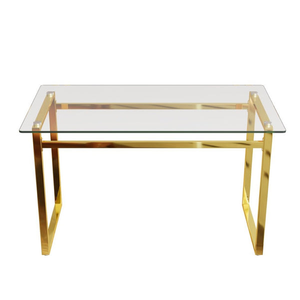 English Elm 51" Tempered Glass Rectangular Dining Table with Golden Chrome Legs Seats Six W3732P530037