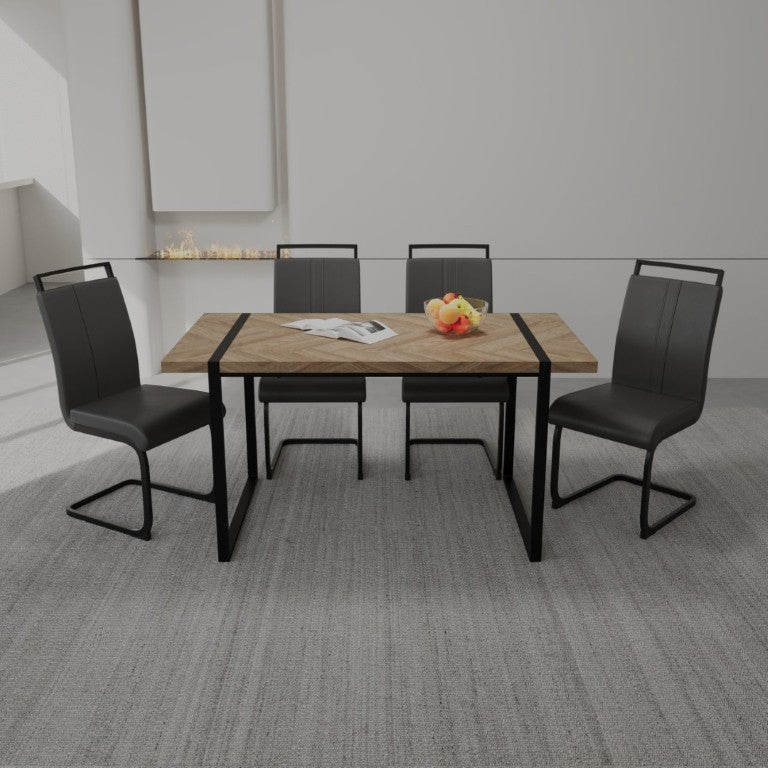 English Elm 59 Inch Farmhouse Industrial Dining Set with MDF Table and Four PU Upholstered Chairs Black+Brown - A W3732S00005