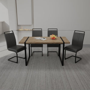 English Elm 59 Inch Farmhouse Industrial Dining Set with MDF Table and Four PU Upholstered Chairs Black+Brown - A W3732S00005