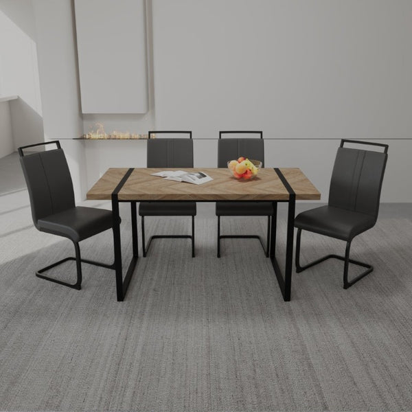 English Elm 59 Inch Farmhouse Industrial Dining Set with MDF Table and Four PU Upholstered Chairs Black+Brown - A W3732S00005