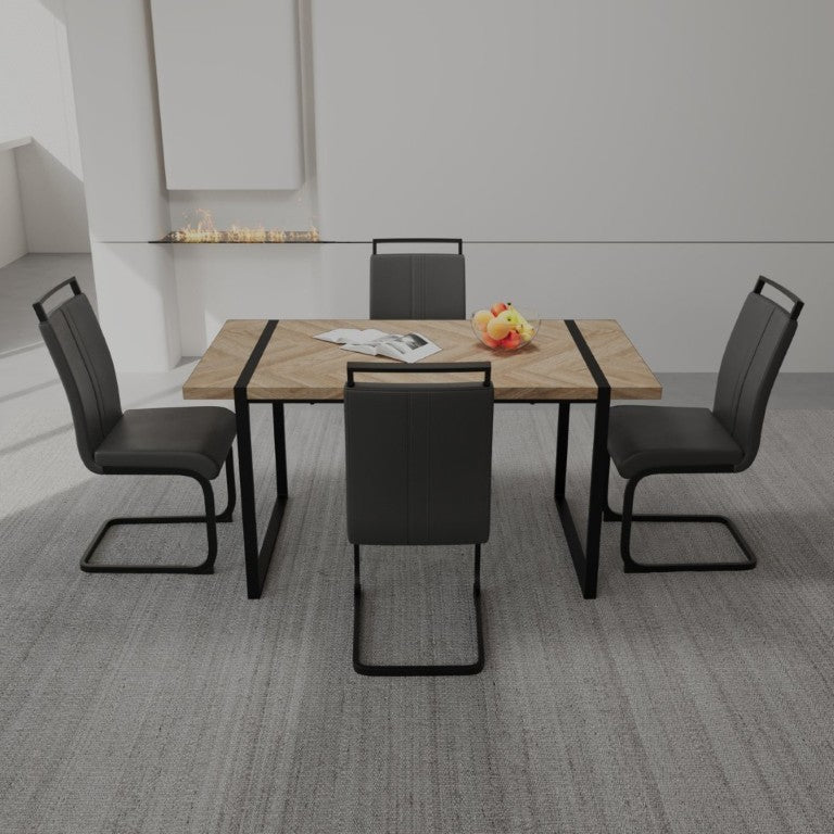 English Elm 59 Inch Farmhouse Industrial Dining Set with MDF Table and Four PU Upholstered Chairs Black+Brown - A W3732S00005
