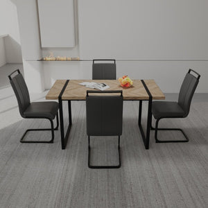 English Elm 59 Inch Farmhouse Industrial Dining Set with MDF Table and Four PU Upholstered Chairs Black+Brown - A W3732S00005