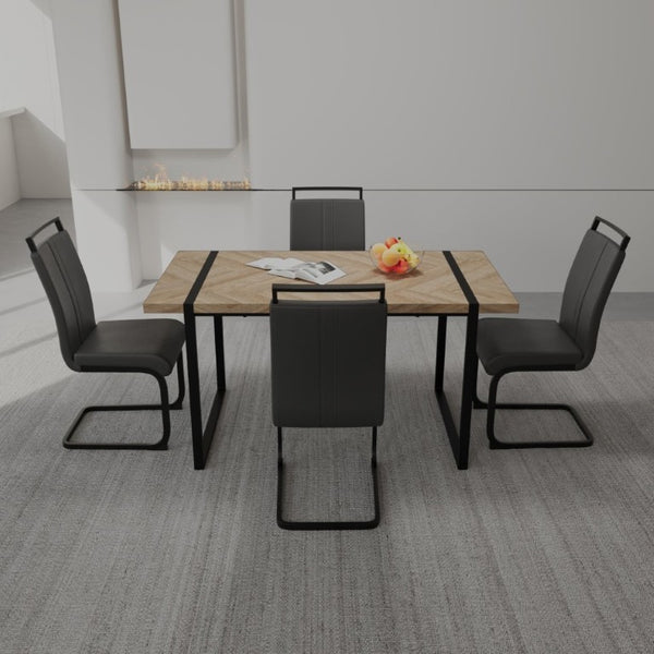 English Elm 59 Inch Farmhouse Industrial Dining Set with MDF Table and Four PU Upholstered Chairs Black+Brown - A W3732S00005
