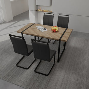English Elm 59 Inch Farmhouse Industrial Dining Set with MDF Table and Four PU Upholstered Chairs Black+Brown - A W3732S00005