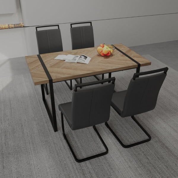 English Elm 59 Inch Farmhouse Industrial Dining Set with MDF Table and Four PU Upholstered Chairs Black+Brown - A W3732S00005