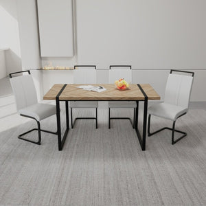 English Elm 59 Inch Farmhouse Industrial Dining Set with MDF Table and Four PU Upholstered Chairs White+Natural W3732S00006