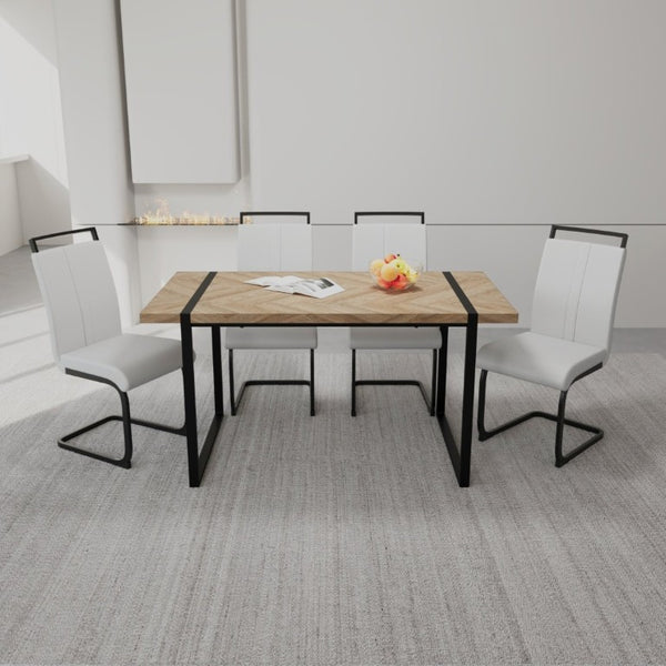 English Elm 59 Inch Farmhouse Industrial Dining Set with MDF Table and Four PU Upholstered Chairs White+Natural W3732S00006