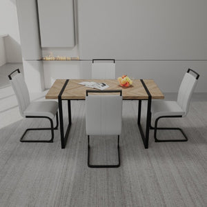 English Elm 59 Inch Farmhouse Industrial Dining Set with MDF Table and Four PU Upholstered Chairs White+Natural W3732S00006
