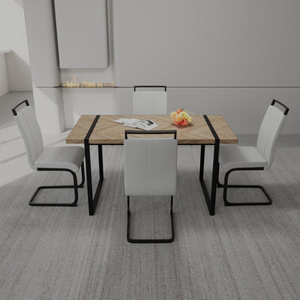 English Elm 59 Inch Farmhouse Industrial Dining Set with MDF Table and Four PU Upholstered Chairs White+Natural W3732S00006