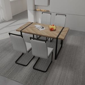English Elm 59 Inch Farmhouse Industrial Dining Set with MDF Table and Four PU Upholstered Chairs White+Natural W3732S00006