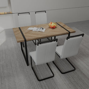 English Elm 59 Inch Farmhouse Industrial Dining Set with MDF Table and Four PU Upholstered Chairs White+Natural W3732S00006