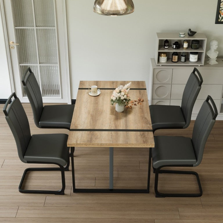 English Elm 55 Inch Industrial Farmhouse Dining Set with Wood Grain MDF Table and 4 PU Armless Chairs W3732S00012