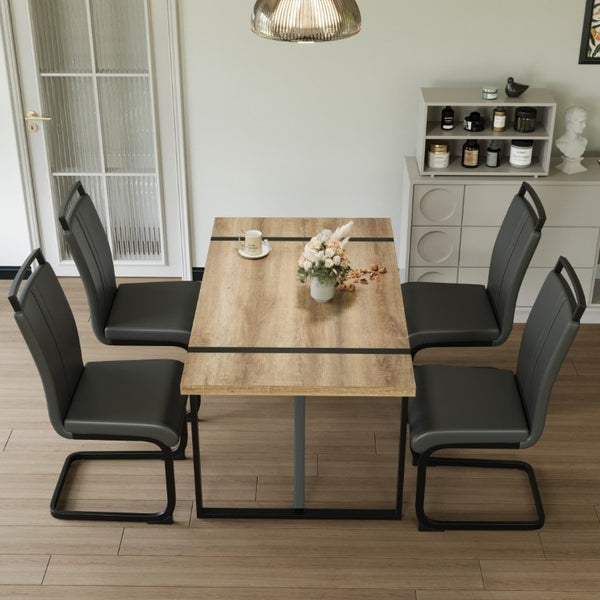 English Elm 55 Inch Industrial Farmhouse Dining Set with Wood Grain MDF Table and 4 PU Armless Chairs W3732S00012