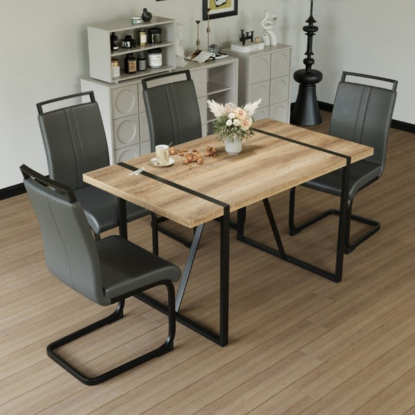 English Elm 55 Inch Industrial Farmhouse Dining Set with Wood Grain MDF Table and 4 PU Armless Chairs W3732S00012