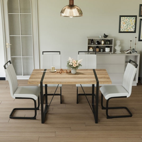 English Elm 55 Inch Industrial Farmhouse 5 Piece Dining Set with MDF Table and PU Cushioned Chairs W3732S00013