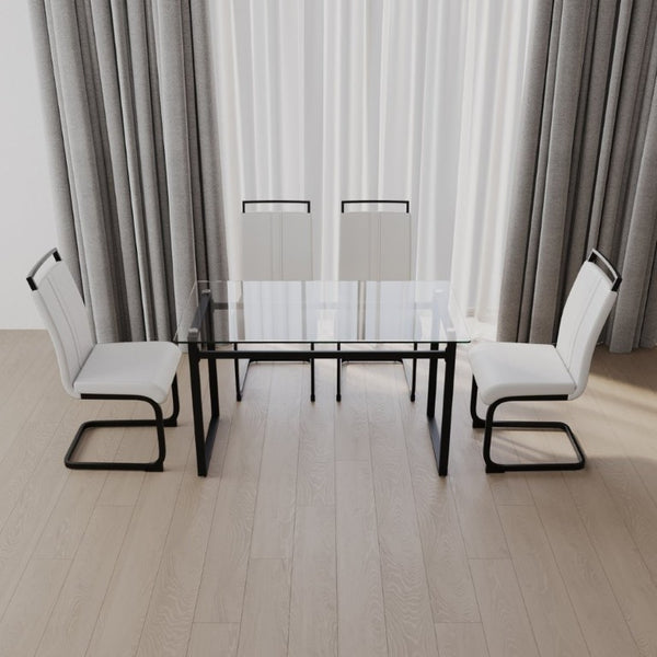 English Elm 51 Inch Tempered Glass Dining Set Seats 4 with PU Chairs and Black Metal Legs W3732S00016