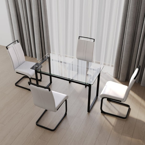 English Elm 51 Inch Tempered Glass Dining Set Seats 4 with PU Chairs and Black Metal Legs W3732S00016