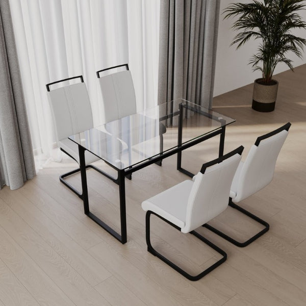 English Elm 51 Inch Tempered Glass Dining Set Seats 4 with PU Chairs and Black Metal Legs W3732S00016