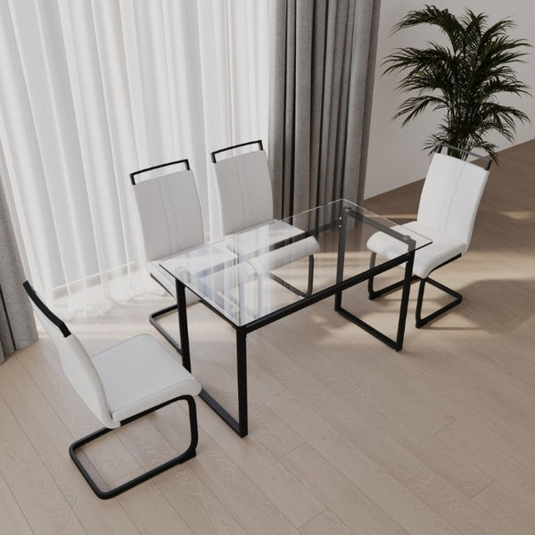 English Elm 51 Inch Tempered Glass Dining Set Seats 4 with PU Chairs and Black Metal Legs W3732S00016
