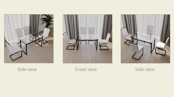 English Elm 51 Inch Tempered Glass Dining Set Seats 4 with PU Chairs and Black Metal Legs W3732S00016