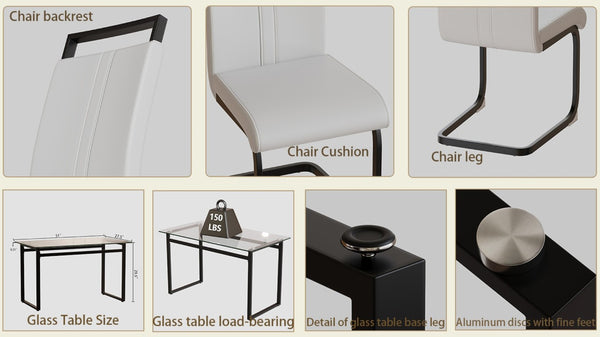 English Elm 51 Inch Tempered Glass Dining Set Seats 4 with PU Chairs and Black Metal Legs W3732S00016