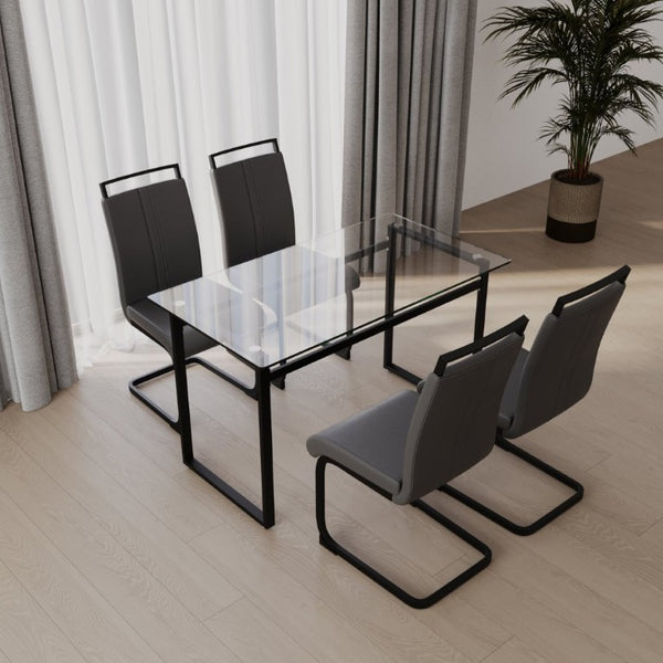 English Elm 51 Inch Rectangle Glass Top Dining Set for 4 with PU Chairs and Matte Black Legs W3732S00017