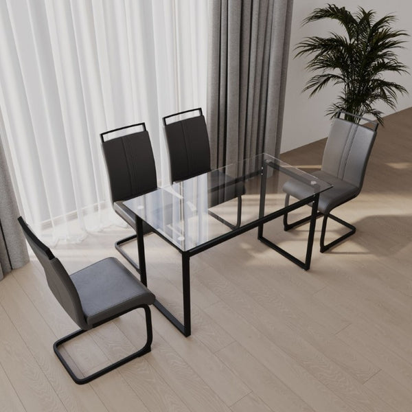 English Elm 51 Inch Rectangle Glass Top Dining Set for 4 with PU Chairs and Matte Black Legs W3732S00017