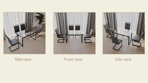 English Elm 51 Inch Rectangle Glass Top Dining Set for 4 with PU Chairs and Matte Black Legs W3732S00017