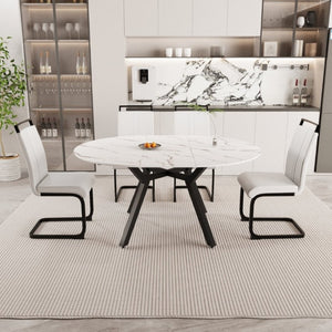 English Elm 47-63 Inch Expandable Round Dining Set with Faux Leather Chairs for Modern Kitchens White W3732S00019