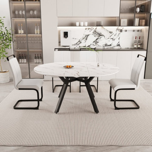 English Elm 47-63 Inch Expandable Round Dining Set with Faux Leather Chairs for Modern Kitchens White W3732S00019