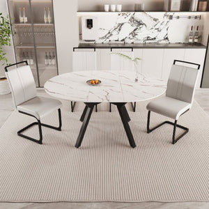 English Elm 47-63 Inch Expandable Round Dining Set with Faux Leather Chairs for Modern Kitchens White W3732S00019