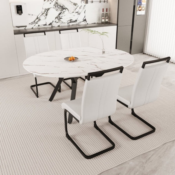 English Elm 47-63 Inch Expandable Round Dining Set with Faux Leather Chairs for Modern Kitchens White W3732S00019
