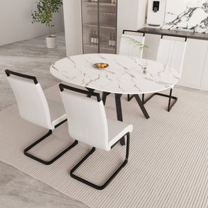 English Elm 47-63 Inch Expandable Round Dining Set with Faux Leather Chairs for Modern Kitchens White W3732S00019