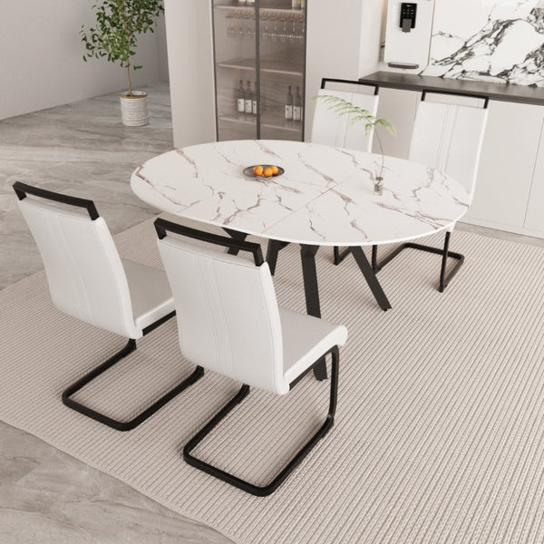 English Elm 47-63 Inch Expandable Round Dining Set with Faux Leather Chairs for Modern Kitchens White W3732S00019