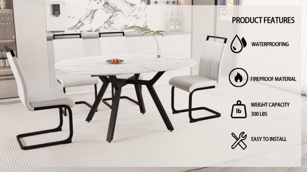 English Elm 47-63 Inch Expandable Round Dining Set with Faux Leather Chairs for Modern Kitchens White W3732S00019