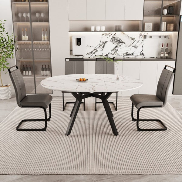 English Elm 47-63 Inch Expandable Round Dining Set with Faux Leather Chairs for Modern Kitchens Grey+White W3732S00020