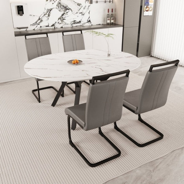 English Elm 47-63 Inch Expandable Round Dining Set with Faux Leather Chairs for Modern Kitchens Grey+White W3732S00020