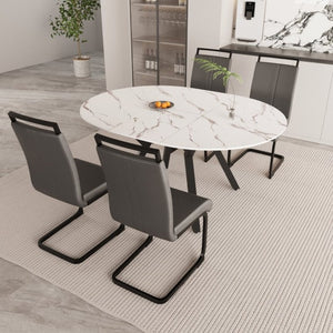 English Elm 47-63 Inch Expandable Round Dining Set with Faux Leather Chairs for Modern Kitchens Grey+White W3732S00020