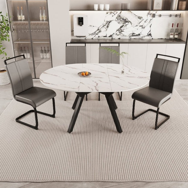 English Elm 47-63 Inch Expandable Round Dining Set with Faux Leather Chairs for Modern Kitchens Grey+White W3732S00020