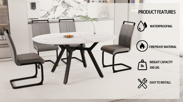 English Elm 47-63 Inch Expandable Round Dining Set with Faux Leather Chairs for Modern Kitchens Grey+White W3732S00020