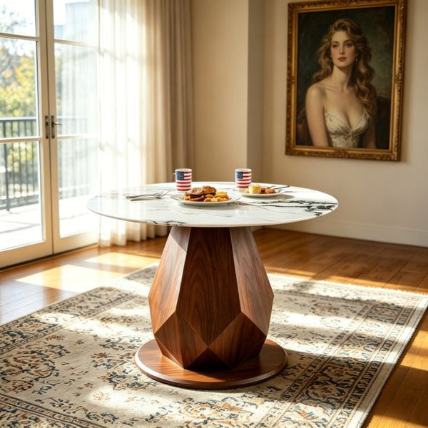 English Elm 44.88 Round Dining Table Walnut Geometric Pedestal Sintered Stone Top Seats Six Valley Gray+Gray,Walnut - A W3732S00042