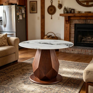 English Elm 44.88 Round Dining Table Walnut Geometric Pedestal Sintered Stone Top Seats Six Valley Gray+Gray,Walnut - A W3732S00042