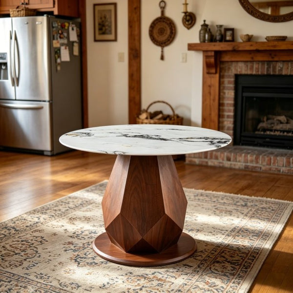 English Elm 44.88 Round Dining Table Walnut Geometric Pedestal Sintered Stone Top Seats Six Valley Gray+Gray,Walnut - A W3732S00042