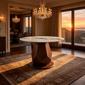 English Elm 44.88 Round Dining Table Walnut Geometric Pedestal Sintered Stone Top Seats Six Valley Gray+Gray,Walnut - A W3732S00042